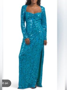 Tadashi Shoji sho turquoise dress full length blue sequin gown size 10